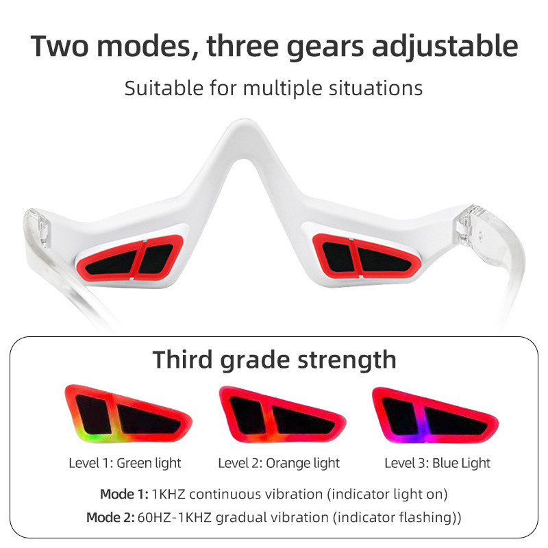 White eye massager with two red light panels and adjustable brightness levels