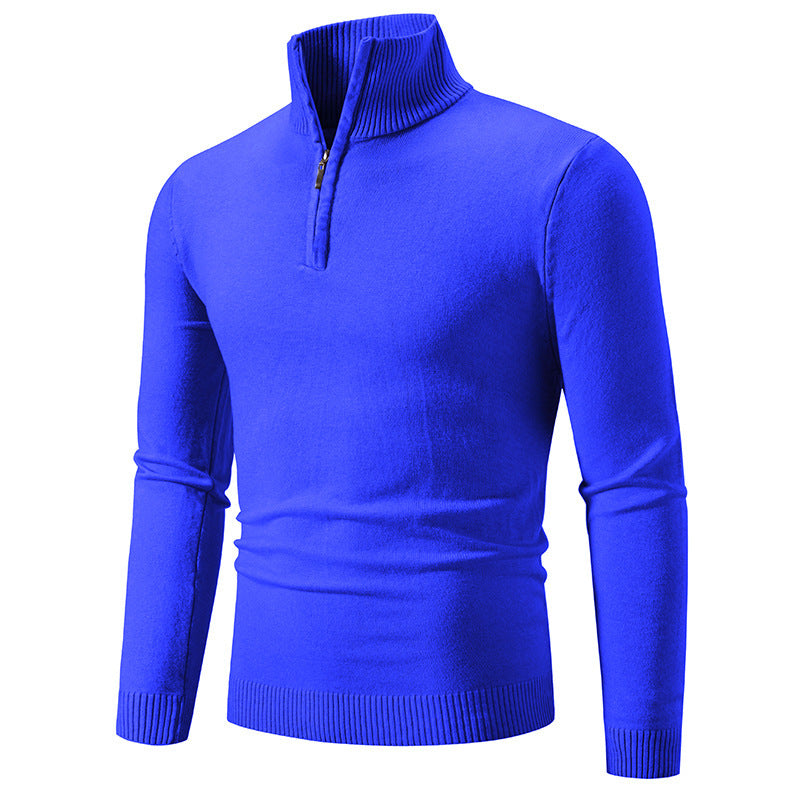 Men's fleece zip mock neck pullover sweater, royal blue with half-zip collar