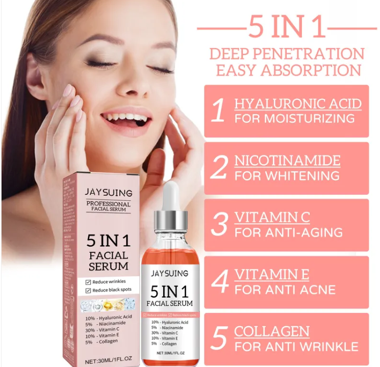 JAYSUNG 5 in 1 facial serum box and bottle with usage directions and ingredient list