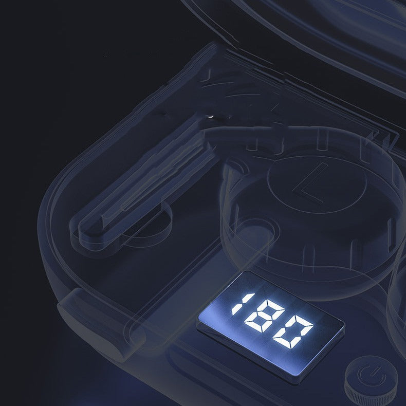 Ultrasonic contact lens cleaner showing glowing digital temperature display, white interior with tray