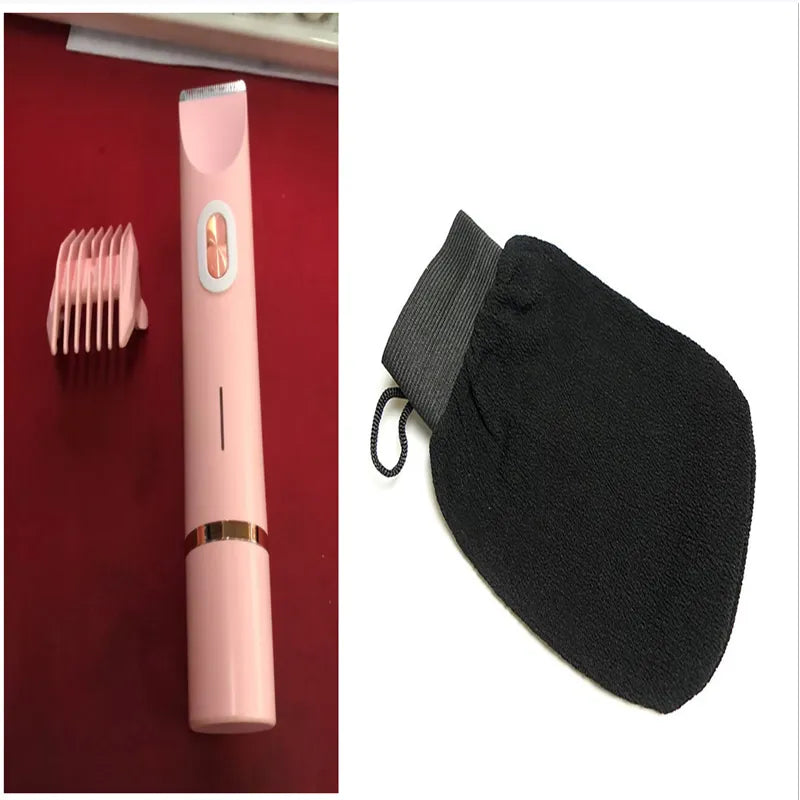2-in-1 electric hair remover with pink comb head and black cleaning mitt