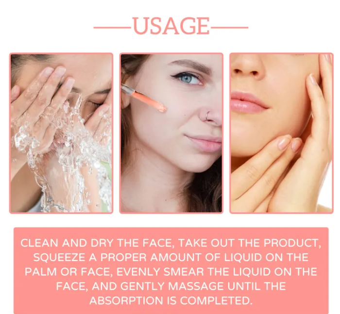 Facial serum usage: hands apply clear gel to face