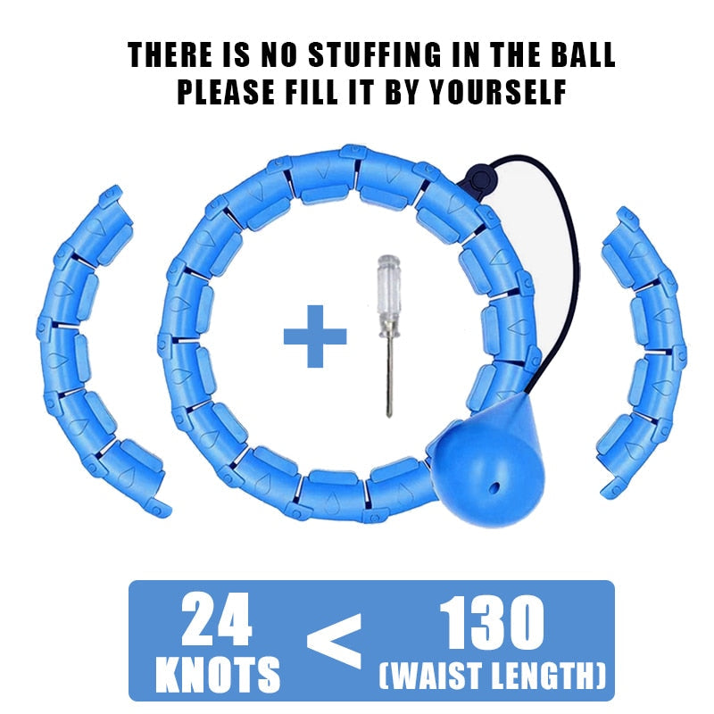 Blue weighted hula hoop with massage nodes, fillable ball pouch, and accessory pin