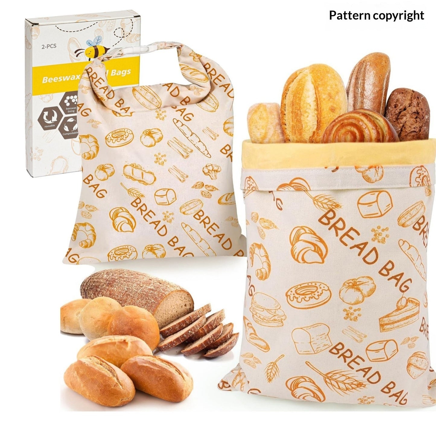 Cotton linen bread bag, cream with bread-bag pattern print and drawstring opening