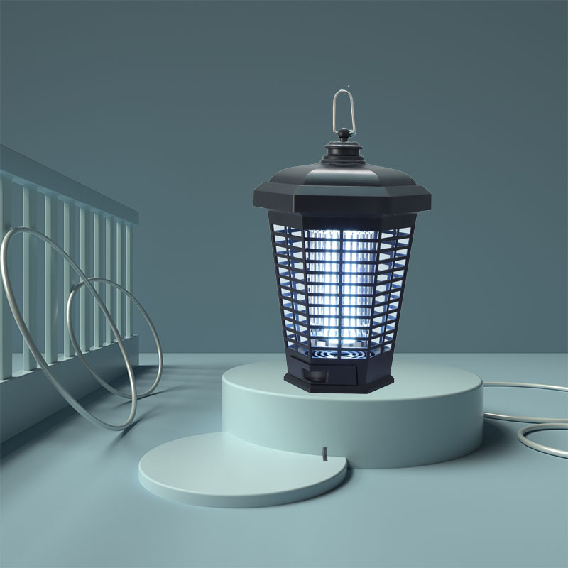 Black UV mosquito killer lamp with blue glowing grid on round base with cable