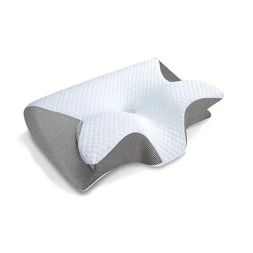 Memory foam cervical neck pillow, white top with gray side mesh and contoured neck support
