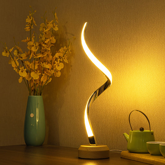 Spiral LED table lamp with curved warm glow and touch dimming base