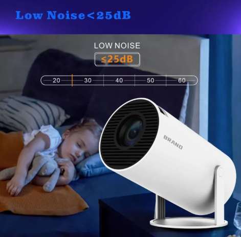 White portable LCD projector on stand with front lens facing forward