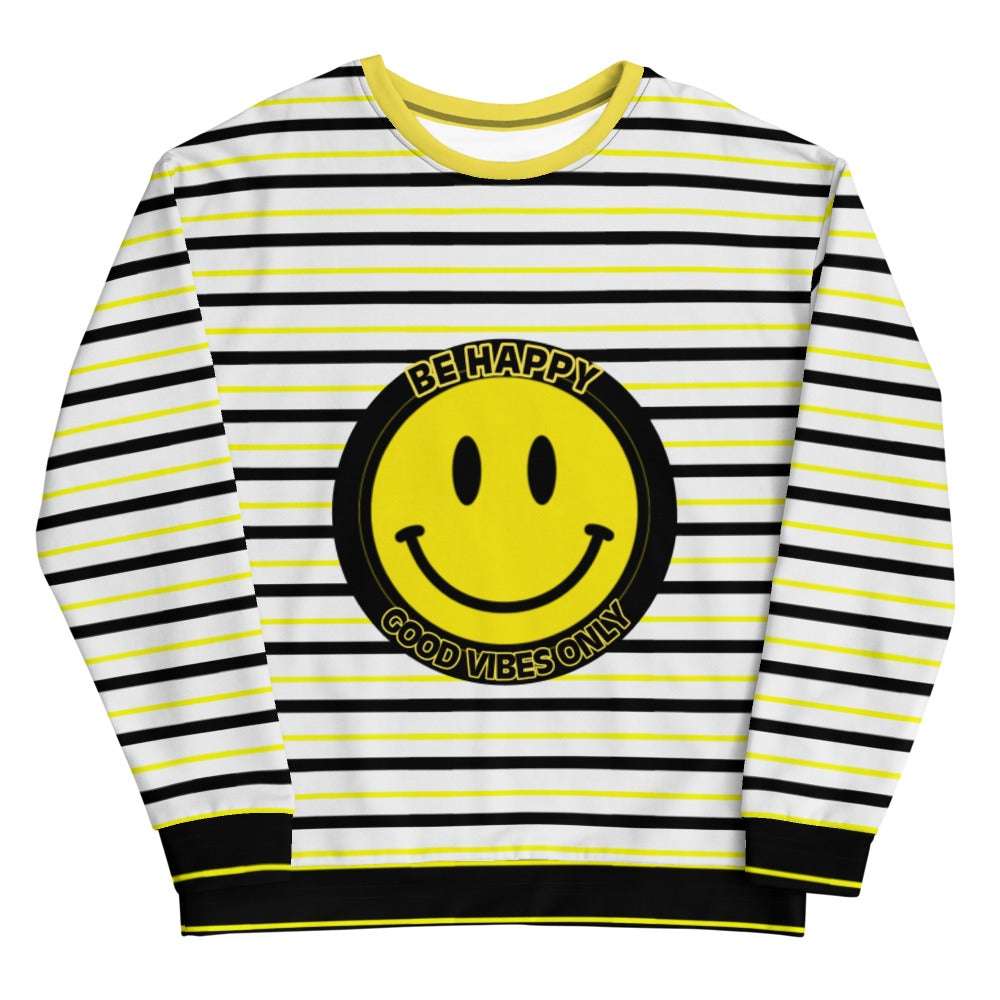 Striped fleece sweatshirt with yellow smiley graphic and contrast striped sleeves