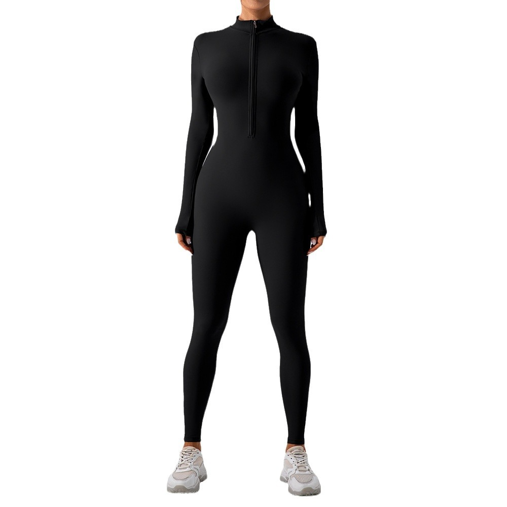 Black fleece-lined jumpsuit with half-zip, stand collar, long sleeves, full-length legs
