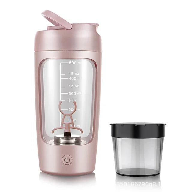 Rose pink electric portable protein shaker bottle with measuring window and separate clear cup