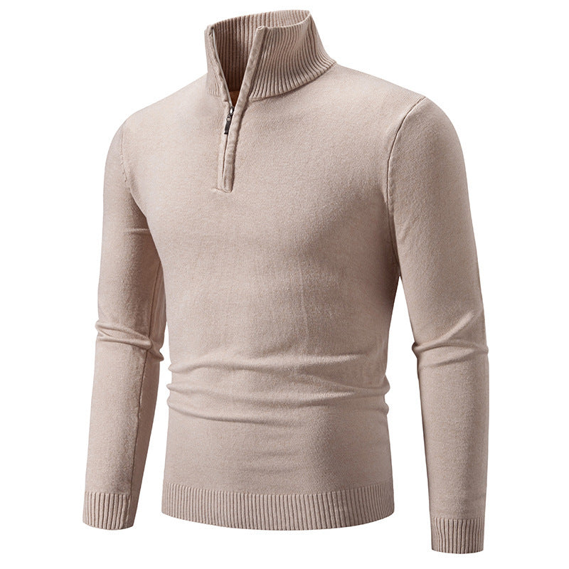 Beige fleece zip mock neck pullover sweater with ribbed cuffs and hem