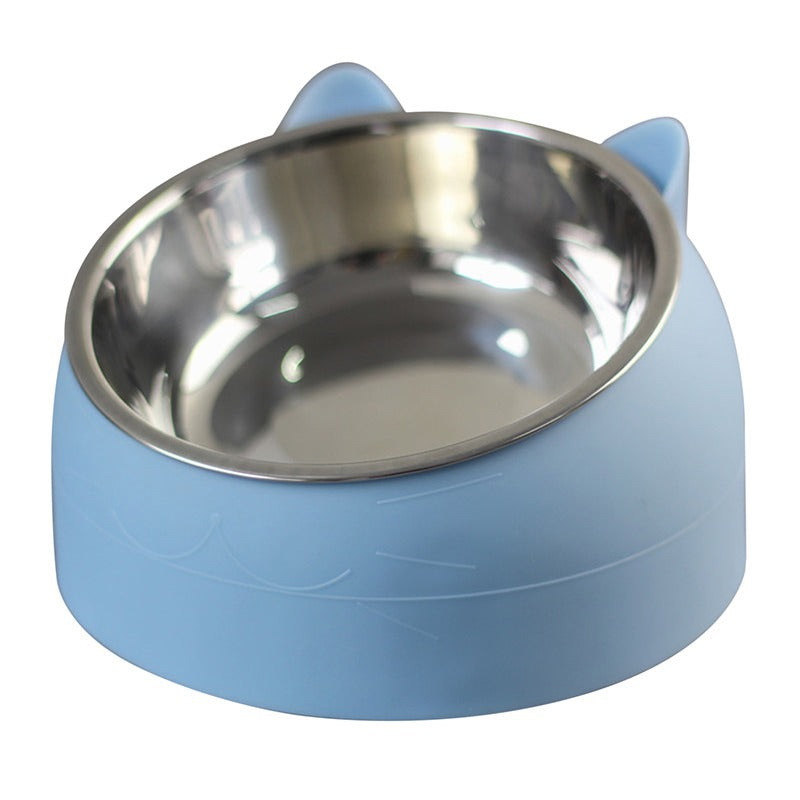 Blue elevated cat food bowl with stainless steel inner dish and raised outer rim