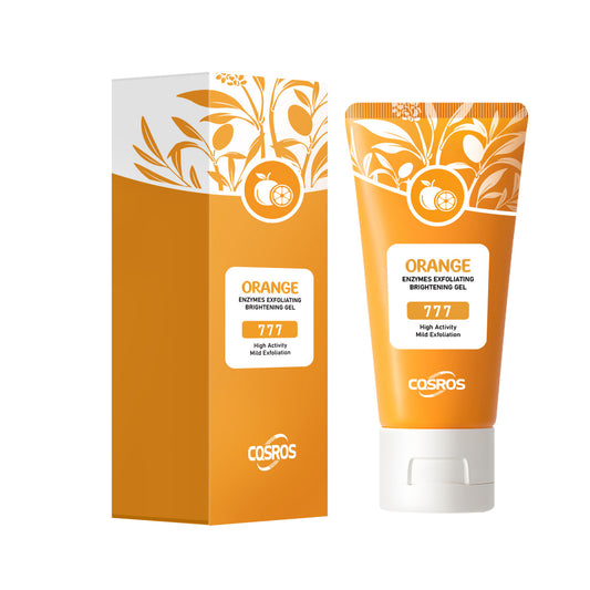 Orange exfoliating gel box and tube set, orange-and-white packaging with label