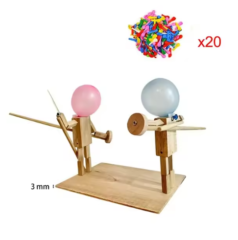 Wooden balloon fighter puppet set with two puppets and pink and gray balloons, x20