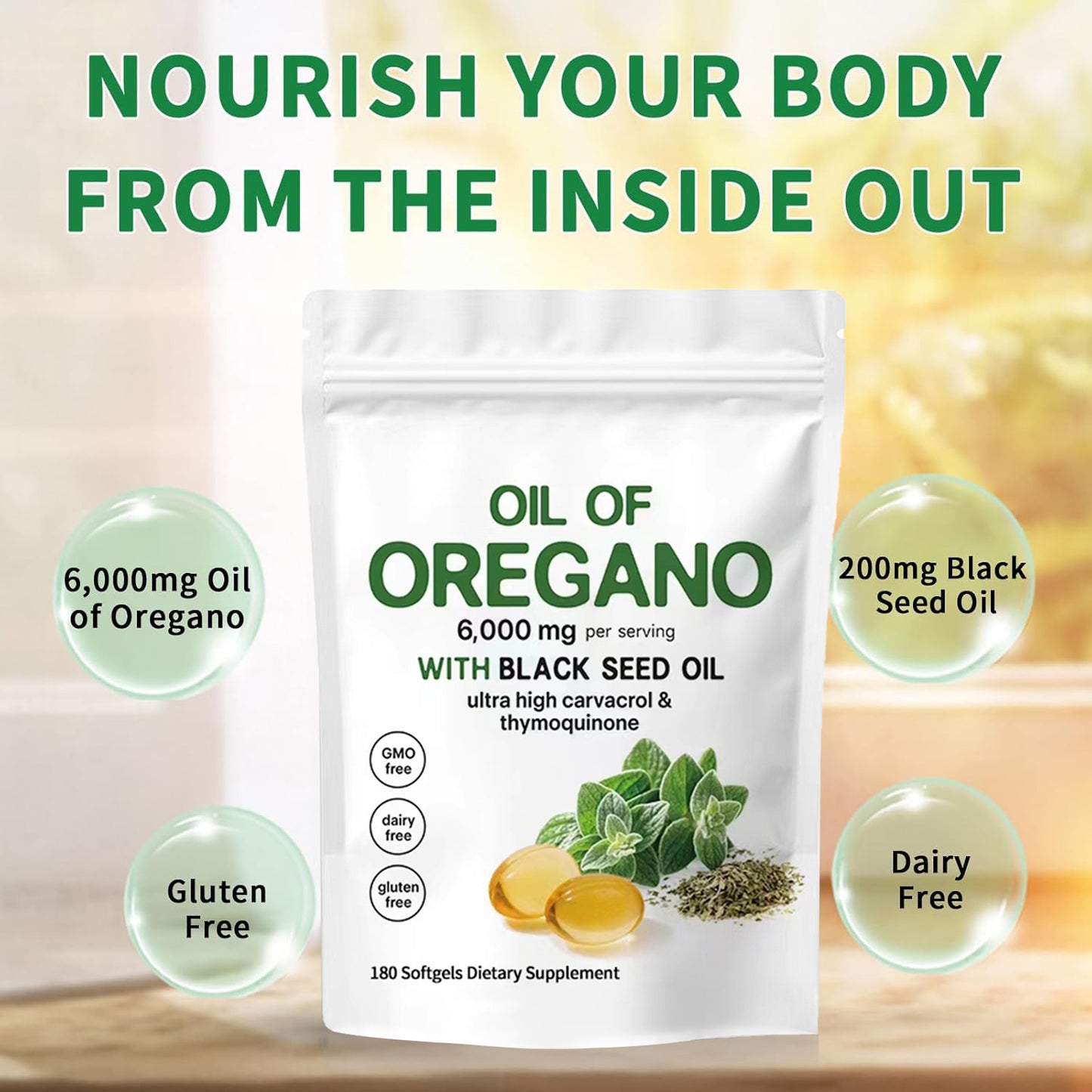 Oregano oil supplement pouch with yellow softgels and oregano leaves, shown upright