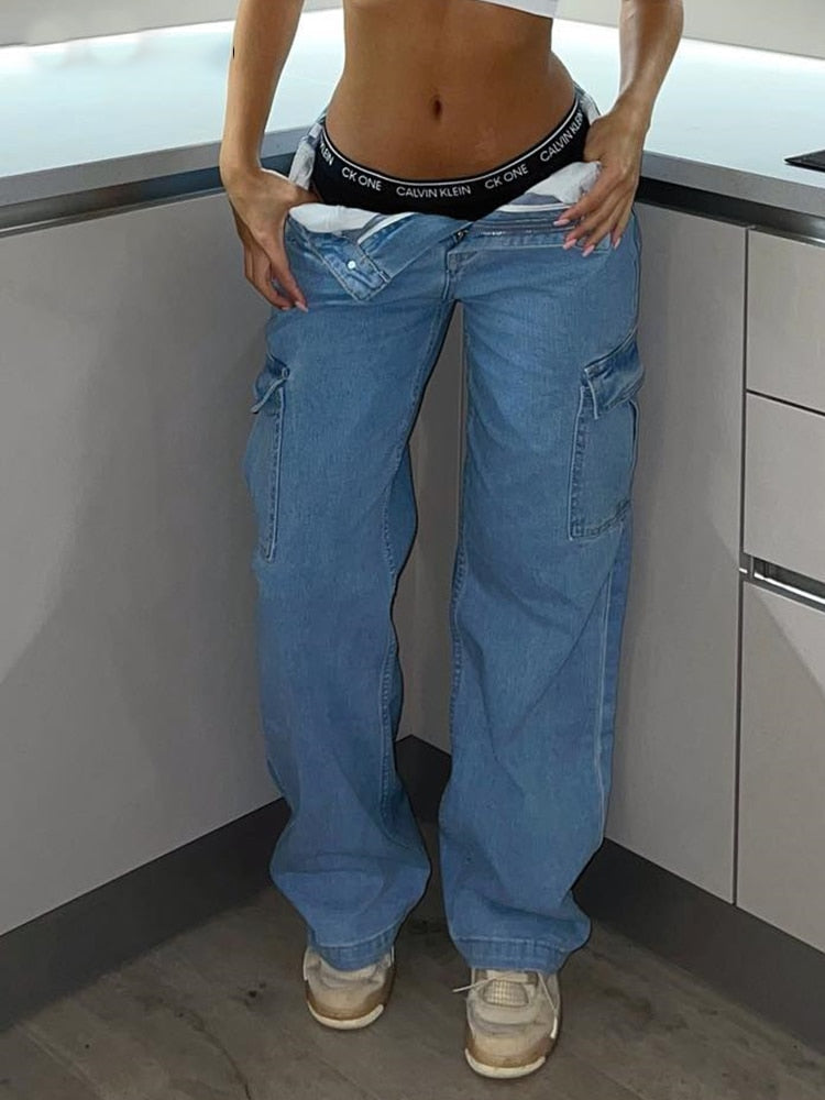 High-waist cargo pants in medium-blue denim with large side cargo pockets