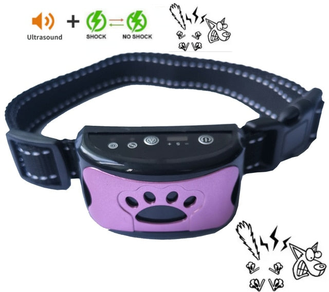 Dog training collar receiver in purple with black paw sensor, black fabric strap