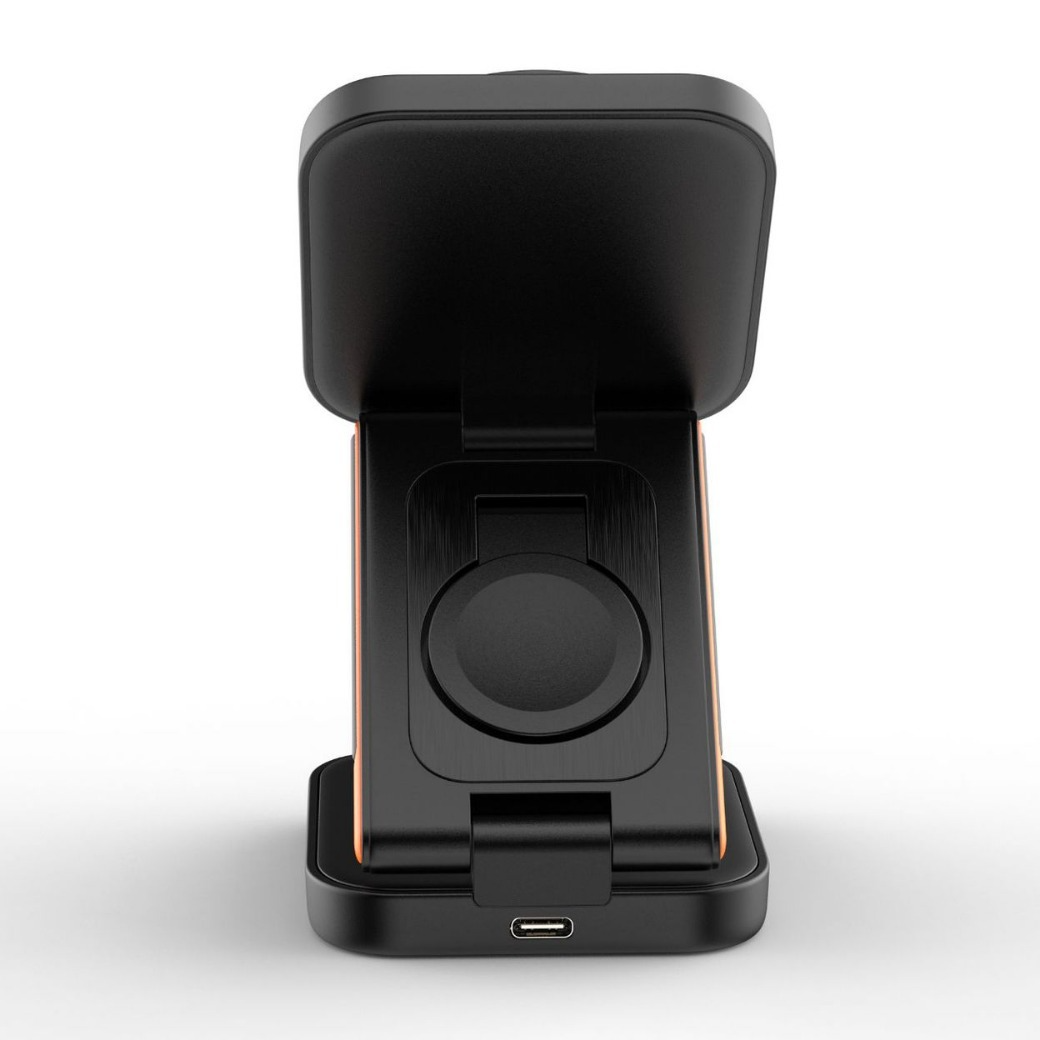 Wireless charger dock with open case and circular watch charging plate, black with USB port.