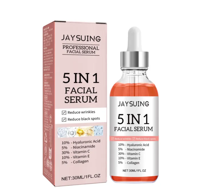 JAYSUNG 5 in 1 facial serum box and orange glass bottle with dropper cap