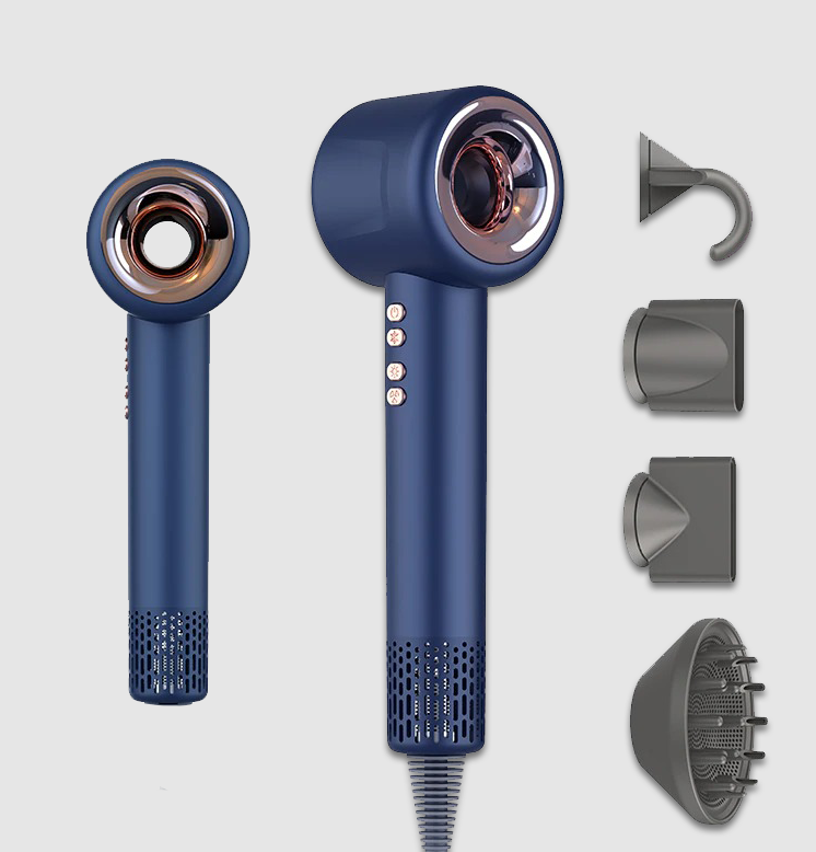 Navy hair dryer with rose-gold nozzle; concentrator, styling, and diffuser attachments