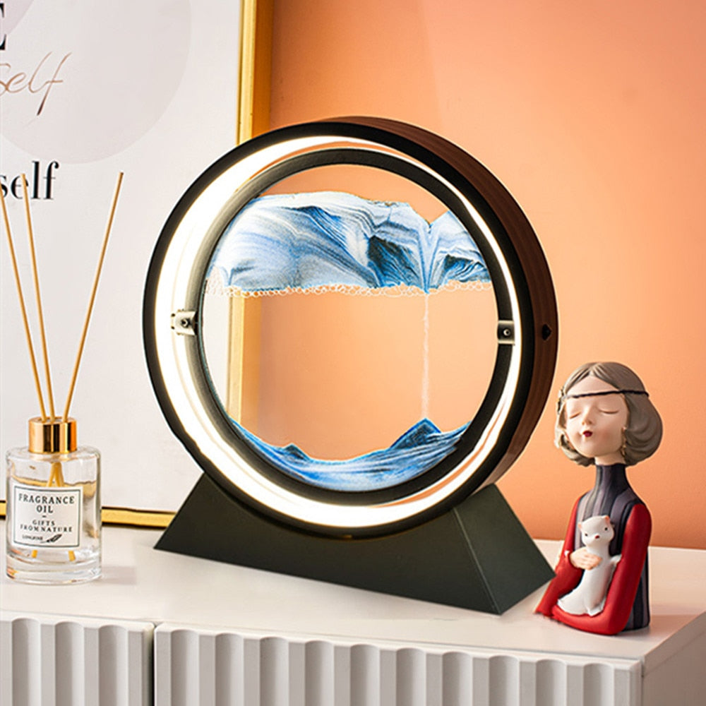 Sand art landscape table lamp with glowing ring, blue sand landscape display