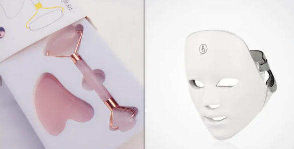 LED face mask with facial panel light tabs, shown with a roller and tool detail