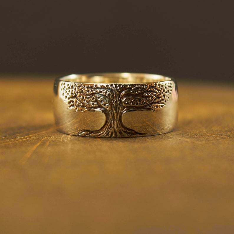 Tree of Life carved wide band ring, ancient gold finish, engraved branches and roots.