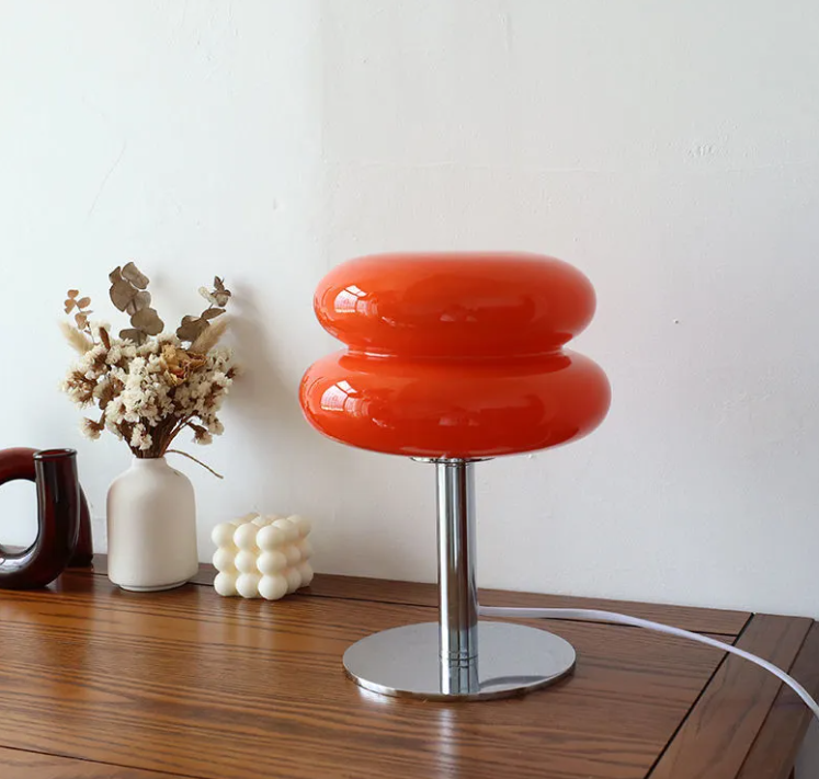 Glass shade desk lamp with iron base, red double bulbs