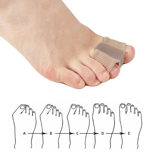 Soft knit toe separator worn on toes, beige and skin-toned for pedicure spacing