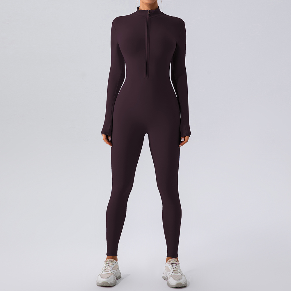 Purple fleece-lined zip-front yoga jumpsuit with long sleeves and high neck