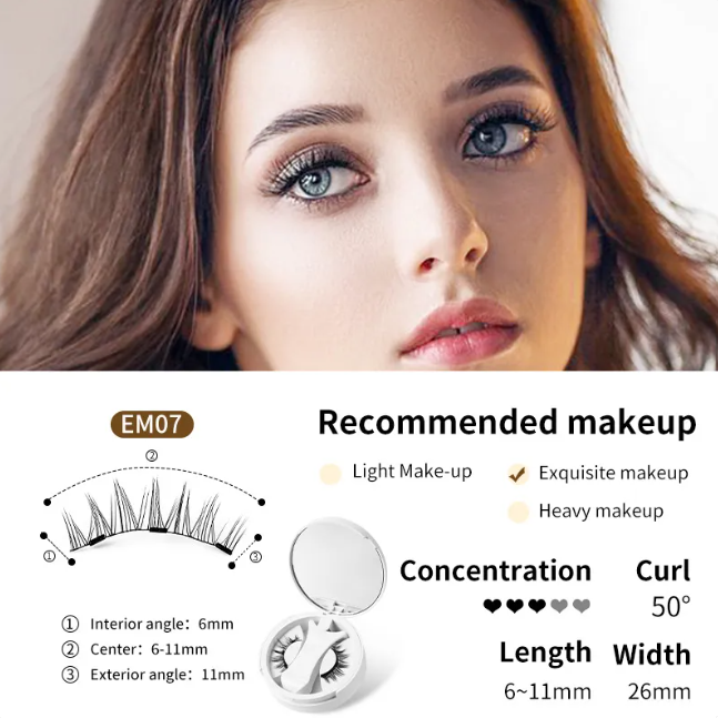 Magnetic false eyelashes set diagram for EM07 style with compact case and lash pair