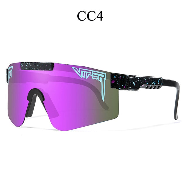 Women's fashion sunglasses with purple mirrored lens and black speckled temples, dark frame