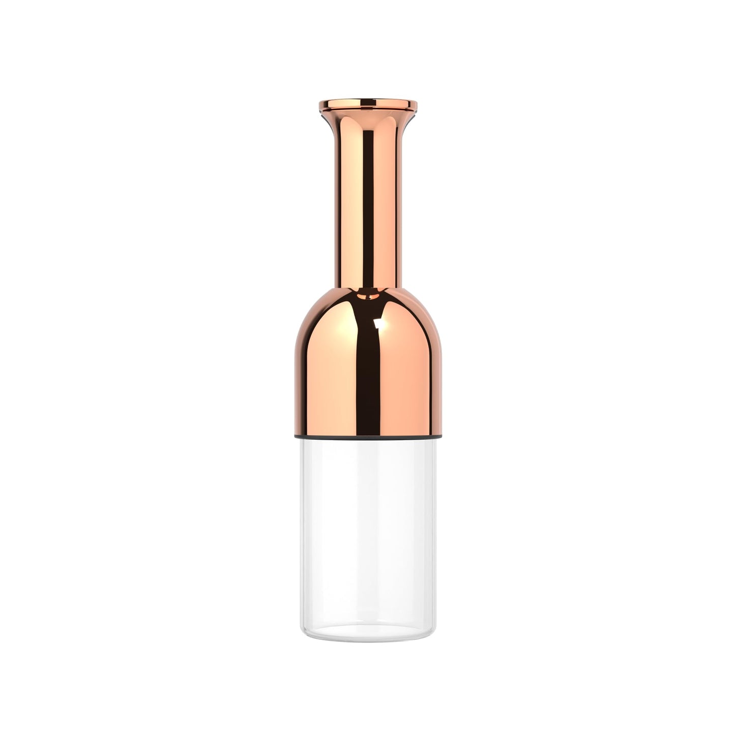 Copper mirror-finish decanter with tall neck, cap-style stopper, and clear cylinder