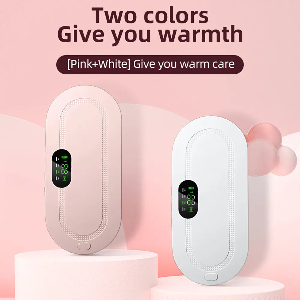 Pair of electric heating belts: pink and white with gray straps and oval control pad
