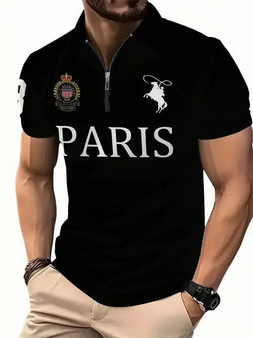 Men's black zip-up polo shirt with large “PARIS” print, horse logo, crest patch, and white sleeve number details.