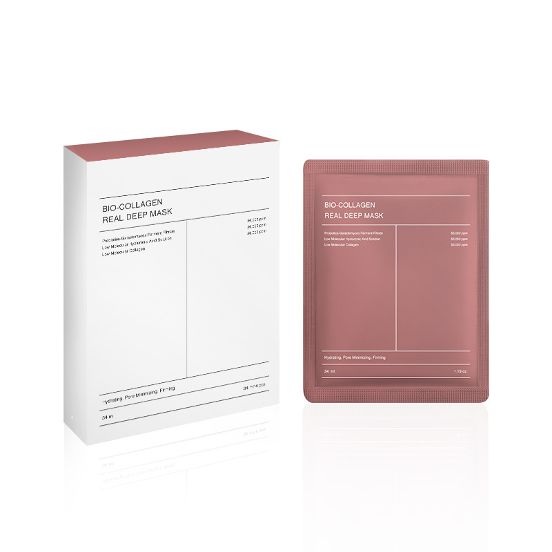 Sheet mask packaging: white box and rose pink sachet, front panels visible