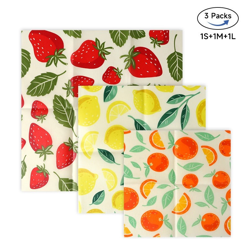 Beeswax food wrap set with strawberry and lemon pattern, pack of three