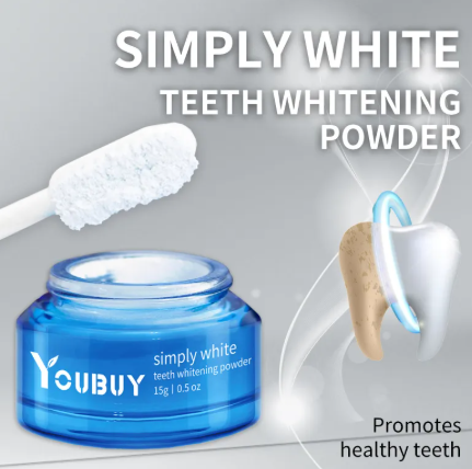YouBUY simply white teeth whitening powder jar with scooped powder and tooth applicator graphic