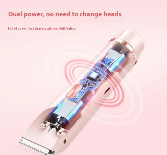 Pink 2-in-1 electric body groomer showing inner blade and circuit housing
