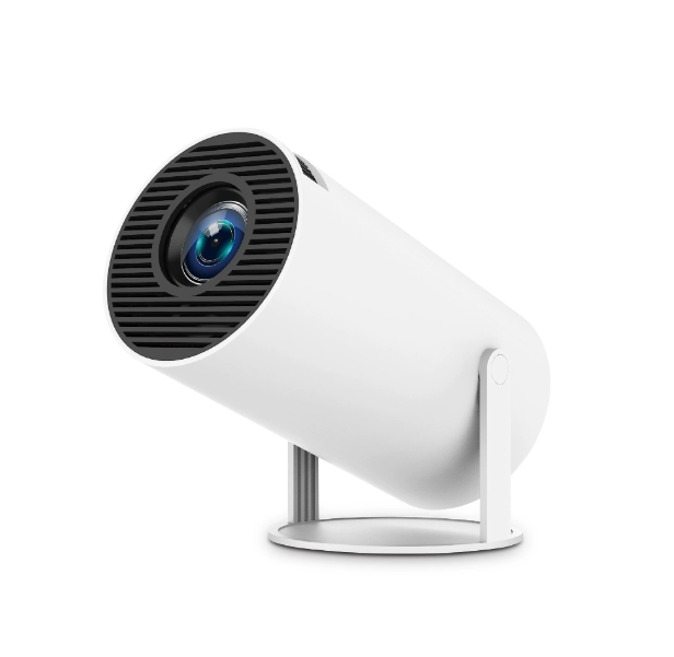 White portable LCD projector on stand with front lens and black grille