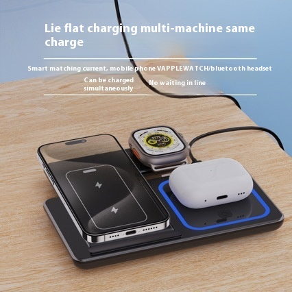 Wireless 3-in-1 charging stand, flat tray with phone, watch and earbuds charging together