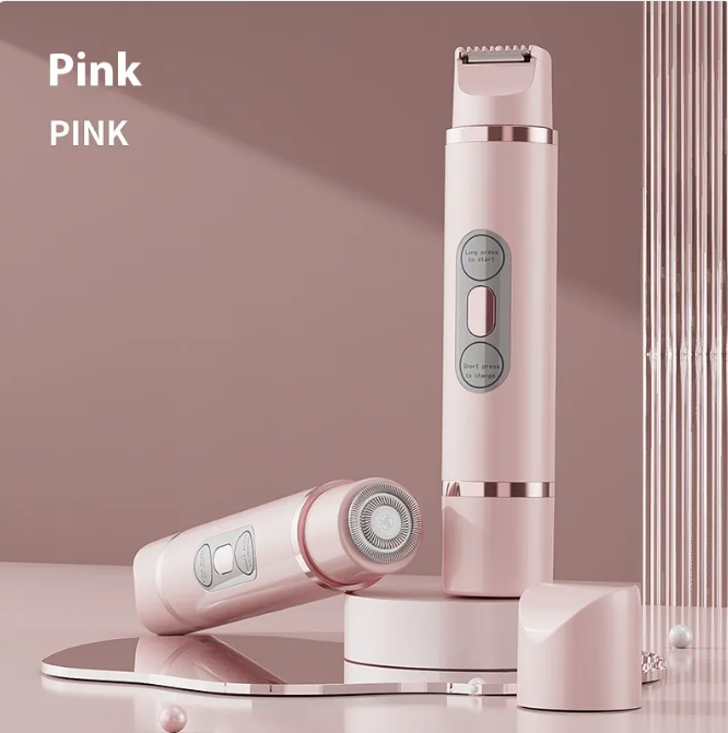 Dual-head electric epilator in pink with upright body and separate handheld unit