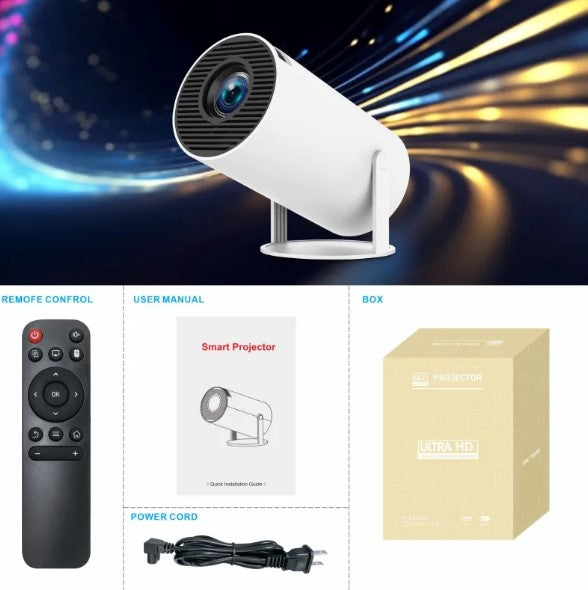 White portable projector kit: remote control, user manual, and accessory box