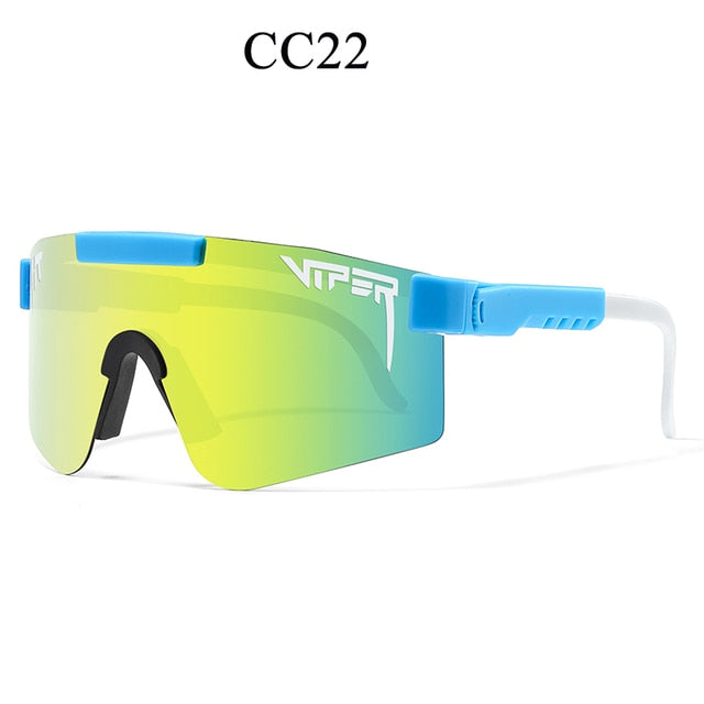 Sporty wrap sunglasses with yellow-green mirror shield lens, blue accents, white temple