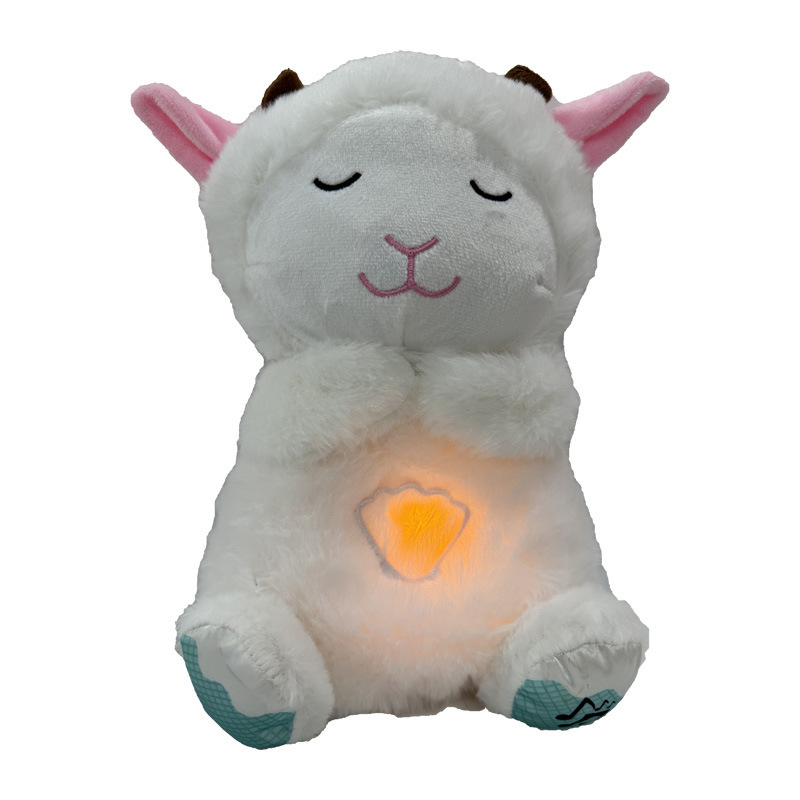 White cat plush music toy with closed eyes and glowing belly heart