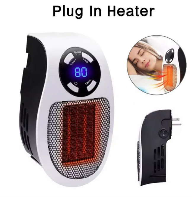 Plug-in electric space heater with side controls, plug, and glowing heating grid