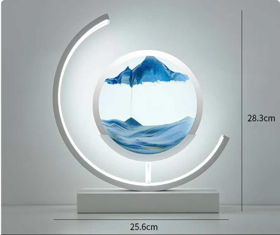 Chinese-style glass hourglass table lamp with blue landscape glass disk and white LED ring