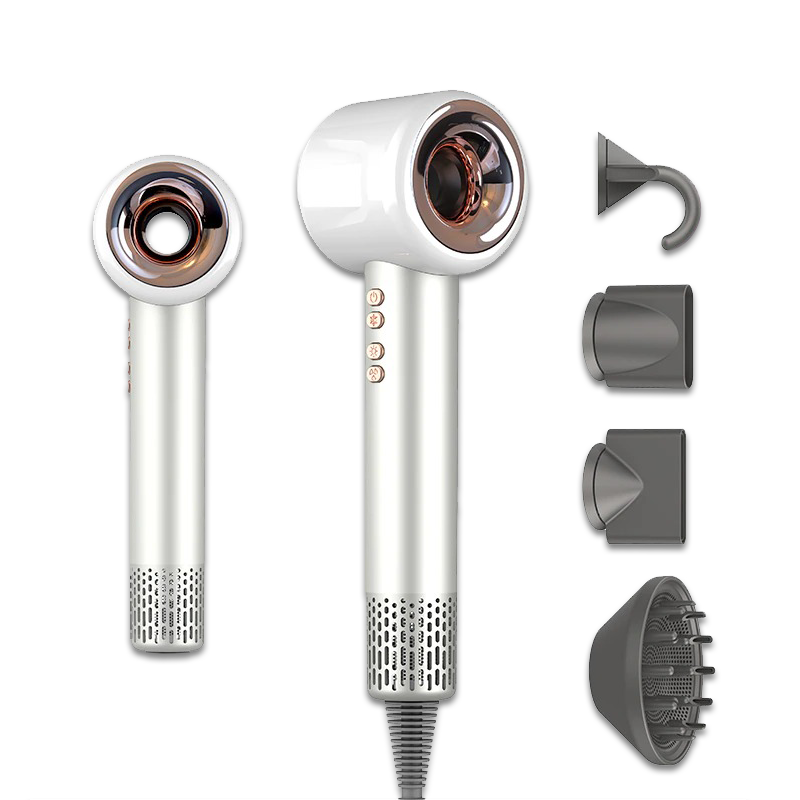 White hair dryer with rose-gold nozzle; concentrator, styling, and diffuser attachments