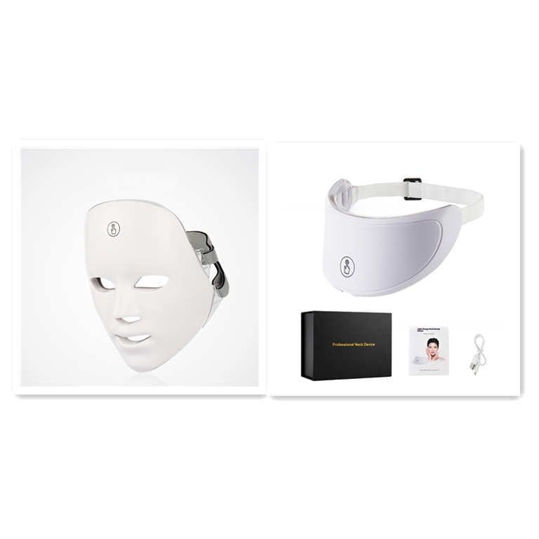 LED light therapy face mask set with head strap, box, instruction card, and cable